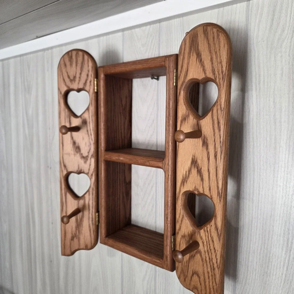 Vintage Wood 3 Level Display Shelf / Flip Open Heart Doors Hat Dowels Pegs